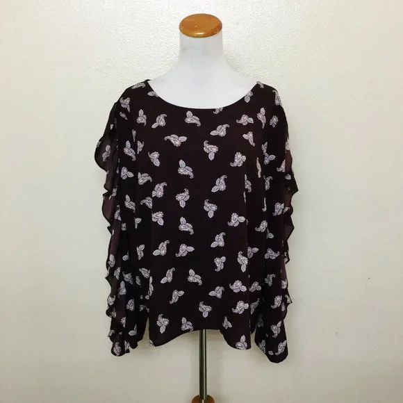 1.State Women's Paisley Petals Ruffle Slit Sleeve Top Crepe Blouse XXL Bateau - Picture 2 of 8